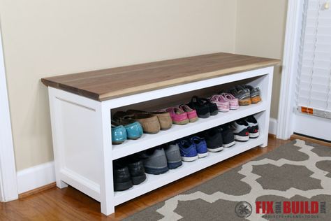 You can build this DIY Entryway Bench with Shoe Storage and organize your house. Detailed plans and a full video walkthrough are available for this project. Shoe Storage Bench Diy, Diy Shoe Rack Ideas, Shoe Storage Bench Entryway, Diy Entryway Bench, Shoe Bench Entryway, Shoes Organizer, Garage Diy, Diy Shoe Storage, Diy Storage Bench