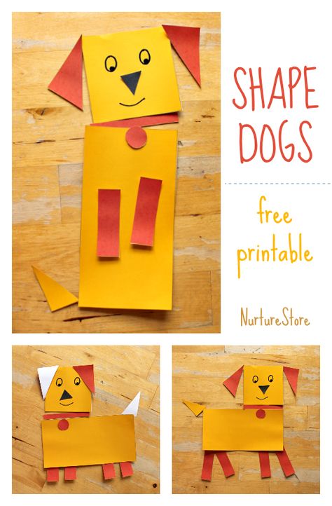 Combine math and art lesson, learn about shapes activity, art activity for animal topic, easy dog craft, fun shape craft printable Preschool Pet Activities, Animals Free Printable, Shape Animals, Dog Craft, Shape Activities Preschool, Pets Preschool Theme, Printable Dog, Shapes Preschool, Sweet Dog