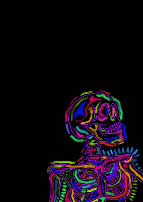 Colorful Skeleton Wallpaper, Neon Skeleton Painting, Black Light Mural, Colorful Skeleton Art, Neon Skeleton Art, Neon Chalk Art, Skeleton Art Aesthetic Dark, Neon Skeleton Wallpaper, Neon Skull Wallpaper