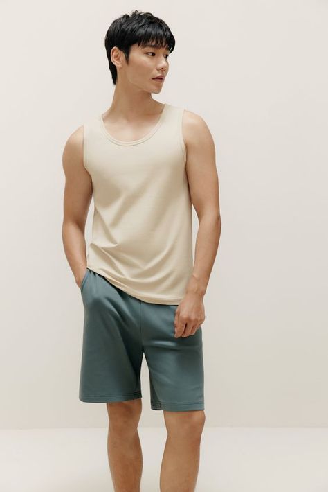 Undershirt Outfit Men, Mens Tank Top Outfits, Shorts Tank Top Outfit, Men Tank Top Outfit, Tank Top Outfits Men, Undershirt Outfit, Keep Him Interested, Korean Fashion Chic, Mens Undershirts