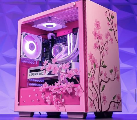 Cherry Blossom Gaming Setup, Sleeper Pc, Kawaii Setup, Diy Pc Case, Room Anime, Pc Decoration, Pc Tower, Gaming Desk Setup, Setup Gamer