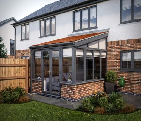 Conservatory Extension Ideas, Orangery Ideas, Brown Windows, Sunroom Extension, Small Garden Storage, Small Conservatory, Tudor House Exterior, Small House Extensions, Lean To Conservatory