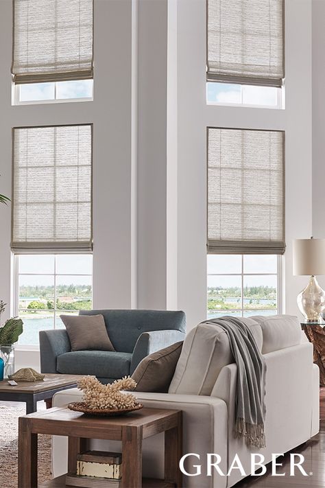 When windows are out of reach, motorized shades just make sense. Tall Window Treatments, Graber Blinds, Custom Window Blinds, Woven Wood Shades, Window Treatments Living Room, Tall Windows, Bamboo Shades, Custom Window Treatments, Living Room Windows