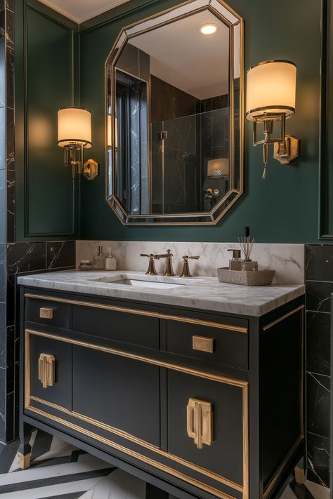 Transform your space with modern bathroom ideas featuring sleek black and gold fixtures, sophisticated marble countertops, and luxurious lighting. Elevate your home's style effortlessly with these chic details. #ModernBathroomIdeas #InteriorDesign #HomeDecor Green And Gold Bathroom Vanity, Black And Gold Hardware Bathroom, Black And Gold Fixtures, Black And Gold Powder Room, Gold Hardware Bathroom, Texas Bedroom, European Bathroom Design, Solo Living, Elegant Modern Bathroom