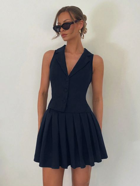 SHEIN Essnce Women's Button Decor Vest And Pleated Mini Skirt Suit SetI discovered amazing products on SHEIN.com, come check them out! Mini Skirt Suit, Vest Outfits For Women, Button Decor, Stylish Work Attire, Skirt Suit Set, Miniskirt Outfits, Skirt Fits, Vest Outfits, Suit Set