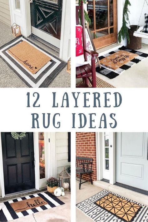 Layered rug ideas for indoors and outdoors. Find layered rugs in almost every farmhouse on the porch. Layered rugs can be used in the living room as well as by the front door. Any holiday layered rugs are perfect. When layering rugs they can be any color. Black and white, jute, grey and white or red and cream. Rug On Front Porch, Entryway Layered Rugs, Porch Doormat Ideas, Farmhouse Layered Rugs, Layered Porch Rugs Fall, Front Porch Decor With Black Door, Rug Layering Front Porch, Layered Rug Front Door, Farmhouse Front Door Mat