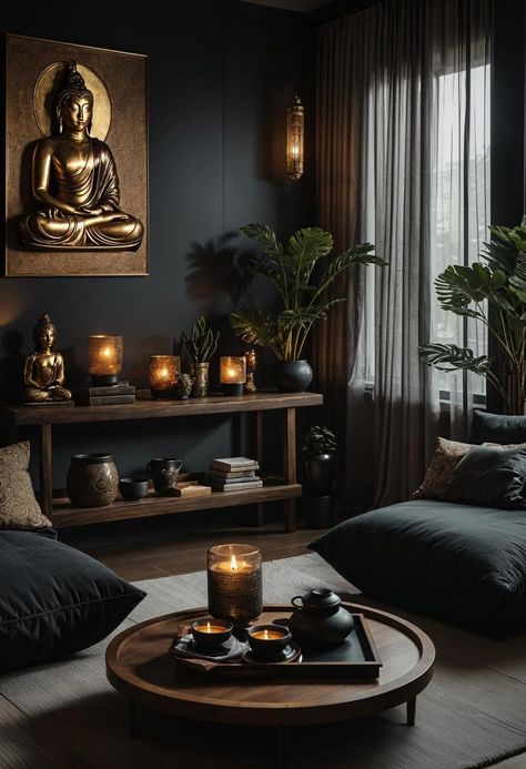 Black Boho Room Ideas, Dark Boho Studio Apartment, Dark Spiritual Room Aesthetic, Masculine Boho Decor, Dark Living Room Decor Ideas, Dark Boho Interior, Moody Meditation Room, Dark Zen Bedroom, Dark Meditation Room