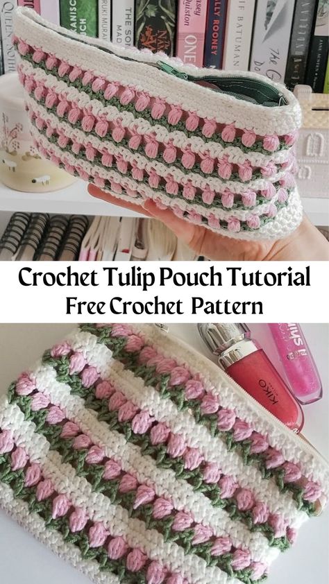 Crochet Tulip Pouch Tutorial Crochet Nest, Crochet Studio, Crochet Pencil Case, Pencil Case Pattern, Pencil Case Pouch, Crocheted Bags, Crochet Purse Pattern Free, Bags Pattern, Free Crochet Bag