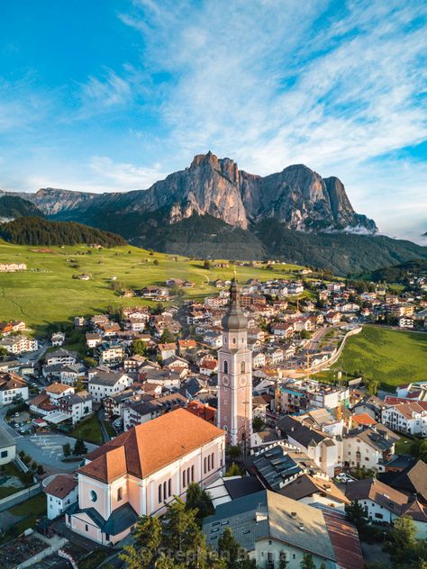 "Kastelruth (Castelrotto) in South Tyrol, Italy | Aerial" by Stephen Barna - $20.81 Earth City, Italian Dolomites, Travelling Abroad, Emergency Evacuation, Aerial Photos, Best City, Italian Alps, South Tyrol, Italy Aesthetic