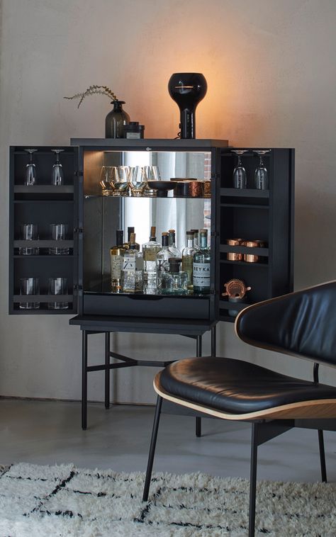 Harri drinks cabinet slim — more Modern Bar Cabinets For Home, Bar Cabinet Decor, Modern Bar Cabinet, Modern Outdoor Table, Home Bar Cabinet, Mini Bars, Studio Interior Design, Contemporary Bar, Display Furniture