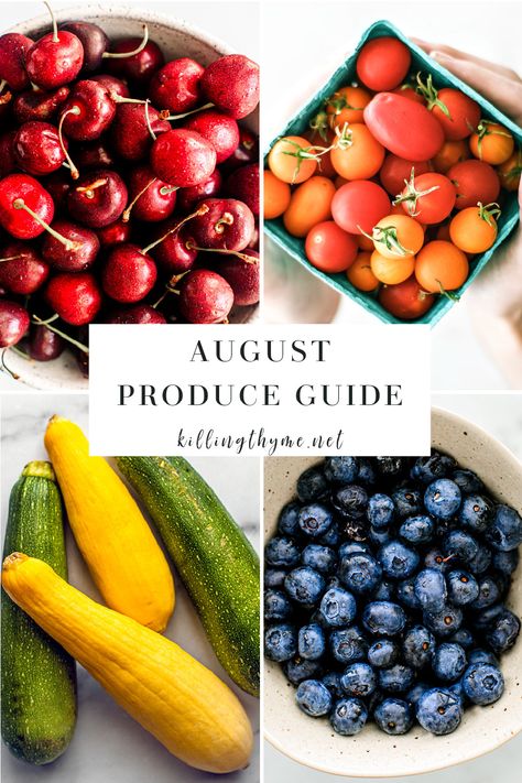 What's in Seasons? August Produce Guide.    #seasonalproduce #augustproduce #produceguide #produce #vegetables #fruit #summer #summerproduce August Produce In Season, August Vegetables In Season, August Produce, August Fruit, September Produce, 1st August, Thyme Recipes, Cherry Tomato Pasta, Fruit List