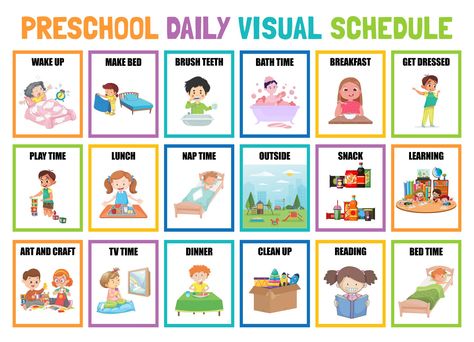 Preschool Daily Schedule Ideas, Morning Routine Visual Schedule, Visual Routine Cards, Visual Preschool Schedule Printable, Daily Routine Schedule For Preschoolers, Daycare Visual Schedule Free Printable, Daily Visual Schedule Free Printable, Preschool Daily Schedule Printable Picture Cards, Preschool Schedule Template