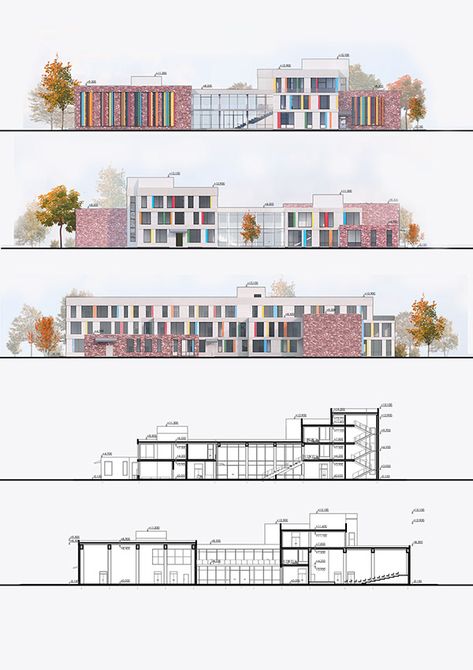 School Plans Architecture Design, Small School Architecture, Architecture School Building, Elementary School Landscape Design, Kindergarten Building Architecture, Kindergarten Elevation, School Elevation Design Architecture, Kindergarten Architecture Design, School Facade Design