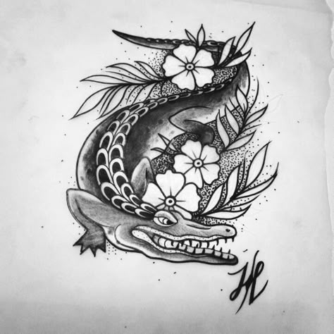 Alligator Tattoo For Women, Traditional Crocodile Tattoo, Crocodile Tattoo Design, Alligator Tattoo, Crocodile Tattoo, Womens Face, Crocodile Design, Alligator Crocodile, Orange Blossoms