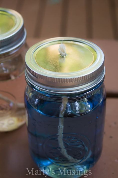 How to Make your own Citronella Candles - Marty's Musings Diy Citronella Candles Mason Jars, Mason Jar Citronella Candles, Diy Citronella, Diy Bug Repellent, Solar Light Crafts, Mason Jar Lanterns, Old Candles, Jar Lanterns, Citronella Candles