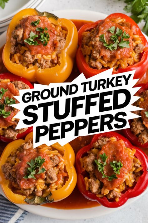 Ground turkey stuffed peppers topped with tomato sauce and parsley. Stuffed Peppers With Turkey Meat, Stuffed Pepper Recipes Healthy, Stuffed Turkey Peppers, Make Ahead Stuffed Peppers, Low Fat Ground Turkey Recipes, What Can I Make With Ground Turkey, Stuffed Bell Peppers Ground Turkey, Healthy Ground Turkey Recipes For Dinner, Ground Turkey And Peppers Recipe