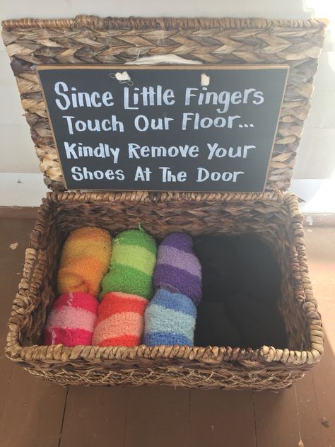 Remove shoes at door sock basket and sign Sock Basket, Infant Daycare, Remove Shoes, Remove Your Shoes, Entryway Shoe Storage, Church Nursery, Entryway Shoe, Foyer Decor, At The Door