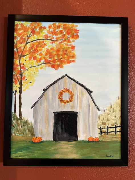 Pumpkin Patch Canvas Painting, Fall Landscape Drawing Easy, Farmhouse Canvas Painting Ideas, Fall Themed Paint And Sip, Call Painting Ideas, Western Fall Paintings, Fall Barn Painting, Thanksgiving Painting Ideas Canvas, Tole Painting For Beginners