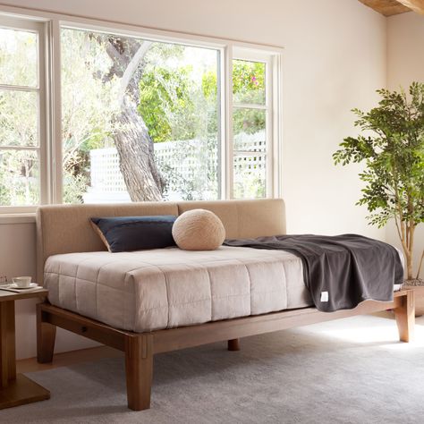 Maximum versatility, minimal design. The Classic Daybed was thoughtfully designed and meticulously crafted to turn unexpected spaces into comfortable corners. Includes the frame, extra-strength cushion-coated slats, and three twin-size Pillowboards. | Classic Daybed in Walnut, Cafe Pillowboard | Thuma Thuma Daybed, Classic Daybed, Luxury Daybed, Bed Classic, Modern Daybed, Twin Daybed, Condo Furniture, Small Living Room Design, Office Guest Room