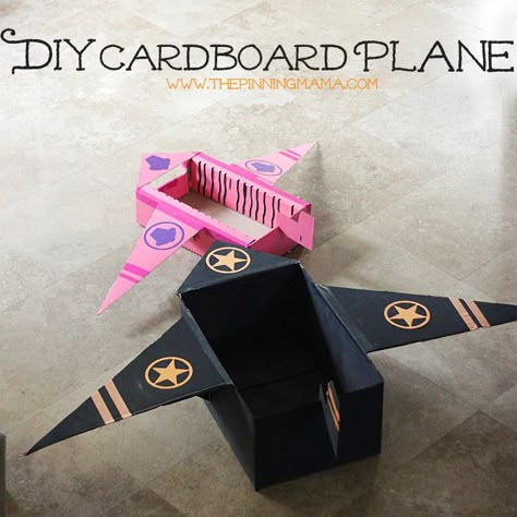 DIY Cardboard Plane made from upcycled cardboard boxes #shop Cardboard Plane, Cardboard Airplane, Diy Karton, Carton Diy, Upcycle Crafts Diy, Valentine Mailbox, Disney Planes, Box Crafts, Airplane Birthday Party