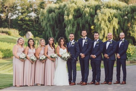 Navy Wedding Party, Pink Groomsmen, Pink And Navy Wedding, Pink Bridal Party, Blue Groomsmen, Dusty Pink Bridesmaid Dresses, Wedding Party Poses, Bridesmaid Poses, Wedding Groomsmen Attire