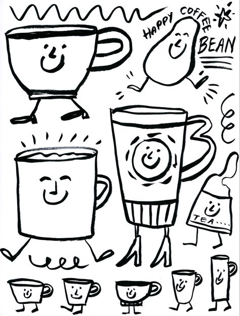 Dancing mugs with a jolly coffee bean makes smiles happen on this sketchbook page. Cute Coffee Doodles, How To Draw Coffee, Coffee Bean Doodle, Iced Coffee Doodle, Coffee Shop Doodles, Coffee Bean Character, Coffee Doodle Art, Coffee Bean Drawing, Barista Illustration