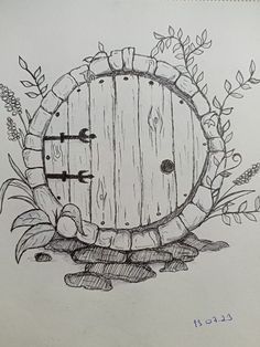 Drawing Door Ideas, Hobbit Hole Drawing Easy, Simple Fantasy Art Ideas, Fairy Tale Drawings Easy, Fantasy Door Drawing, Cottagecore Drawings Simple, The Hobbit Drawings Easy, Simple Fantasy Drawing, Fairy Garden Drawing Ideas