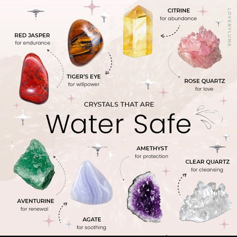 Water Safe Crystals, Crystal Identification, Crystal Healing Chart, The Crystals, Witch Tarot, Wiccan Magic, Crystal Vibes, Crystal Aesthetic, Crystal Guide