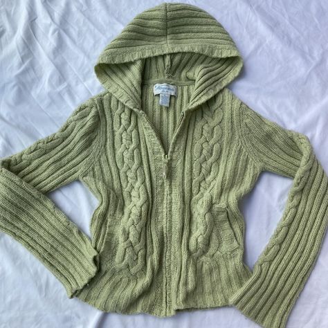 Celery Knit Hoodie 🧸 🎀 Details: Light green cable... - Depop Cable Knit Zip Up, Green Zip Up Sweater, Zip Up Knit Sweater, Knit Cardigan Outfit, Knitted Hoodie, Thrift Inspo, Clothes Items, Goblin Core, Olive Green Sweater