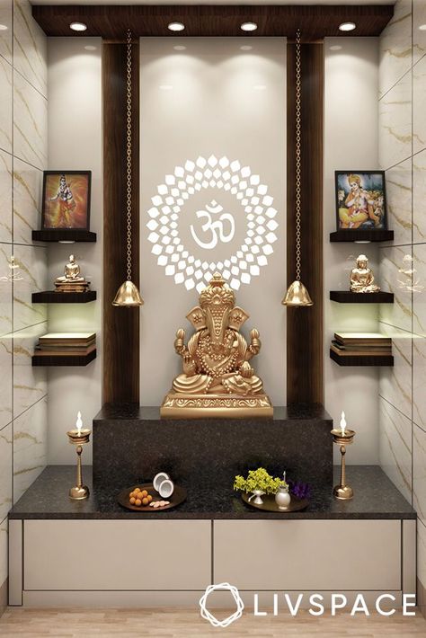 Pooja Room Vastu | 12 Tips to Fix Doshas With Mandir Direction at Home Pooja Room Tiles Design, Pooja Room Ideas Indian, Pooja Door Design, Indian Room Decor, Temple Design For Home, Hall Interior Design, Pooja Room Door Design, Pooja Room Design, Room Door Design