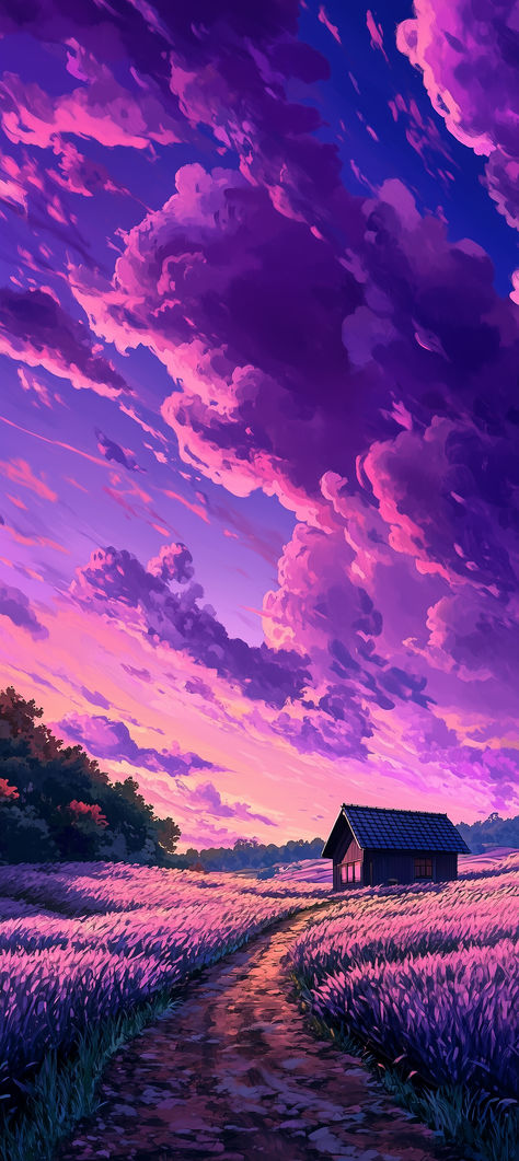 Purple Cartoon Wallpaper, Purple Landscape Wallpaper, Purple Sky Background, Purple Pixel Art, Purple Scenery, Lavender Sunset, Photowall Ideas, Pixel Art Landscape, Studio Ghibli Background