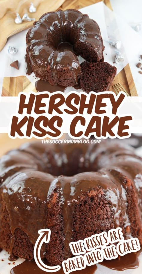 Rich Chocolate cake, with real Hershey's Kisses baked right in, topped with a decadent chocolate ganache — this Hershey's Kisses Cake a chocoholic's dream dessert! Hersheys Kiss Cookies, Hershey Kisses Recipes, Hershey Cake, Hersheys Chocolate Cake Recipe, Hershey Chocolate Cakes, Hershey Recipes, Hersey Kisses, Decadent Chocolate Desserts, Chocolate Bundt