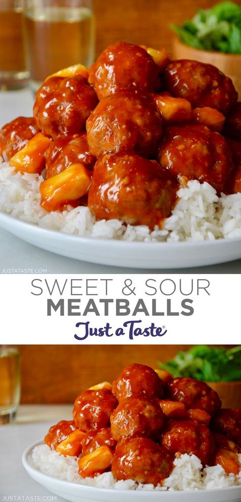 Top image: A close-up view of sweet and sour meatballs with pineapple chunks atop a bed of white rice. Bottom image: Sweet and sour meatballs atop white rice on a large dinner plate. Sweet N Sour Meatballs, Meatballs Sauce Recipe, Sweet Meatballs, Sweet N Sour Sauce Recipe, Meatball Dinner, Sweet And Sour Meatballs, Meatball Recipes Easy, Quick Healthy Dinner, Meatballs Easy