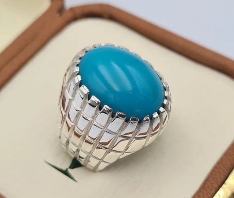 Turquoise Very Clean Clear Surface Feroza Ring Sterling Silver Zodiac Gemstones, Feroza Ring, Mens Sapphire Ring, Mens Emerald Rings, Eilat Stone, Black Agate Ring, Rings Mens, Turquoise Men, Eilat