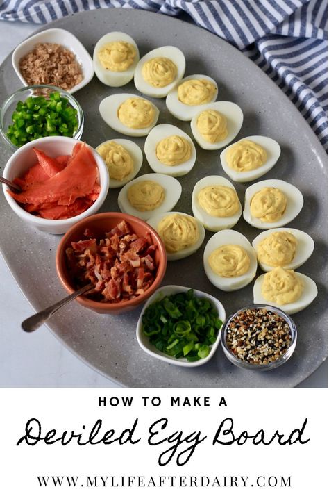 Make this easy to make deviled egg board for a delicious and fun brunch appetizer. Creamy deviled eggs can easily be topped with everything bagel seasoning, jalapeño, bacon, smoked salmon, green onion, or smoked salt. This fun deviled egg board is a great way to give variety without having to make many different deviled eggs. #deviledegg #foodboard #brunch Creamy Deviled Eggs, Devilled Eggs Recipe Best, Smoked Salt, Everything Bagel Seasoning, Bagel Seasoning, Charcuterie Inspiration, Deviled Eggs Recipe, Charcuterie Recipes, Deviled Egg