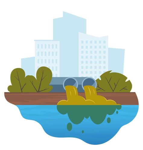 Dirty water stems from the pipe polluting the river. Discharge of liquid chemical waste. City in the background. The danger for the environment. Flat vector illustration for infographics. Mood Poster, Chemical Waste, Liquid Waste, Contaminated Water, Water Pictures, Text Logo Design, Water Drawing, Water Waste, Household Waste