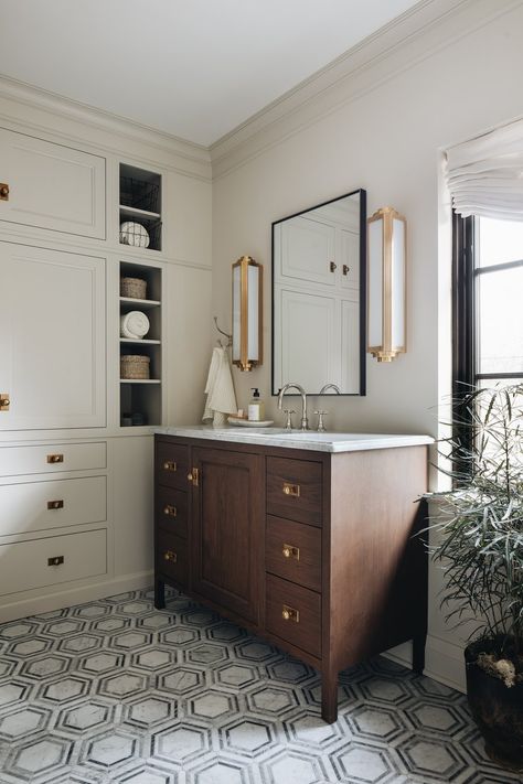 East Grand Rapids Primary Bathroom Gallery — Stoffer Home Cabinetry Jean Stoffer Design, Stoffer Home, Dark Wood Bathroom, 48" Vanity, Craftsman Bathroom, Bathroom Gallery, Bad Inspiration, Single Sink Vanity, Downstairs Bathroom