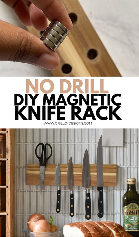 How to make a wooden DIY magnetic knife rack and attach to your kitchen tiles without having to drill into the walls. Knife Rack Diy, Diy Wooden Magnetic Knife Holder, Kitchen Knife Holder Diy, Knife Wall Magnet, Cool Magnet Ideas, Magnetic Knives Holder, How To Make A Magnetic Knife Holder, Wood Magnetic Knife Holder, Wooden Magnetic Knife Holder