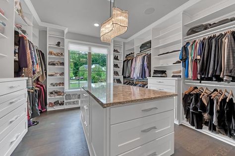 Master Closet Design Walk In With Island, Closet Room With Island, Dream Closets Walk In Luxury Bedroom, Large His And Hers Walk In Closet, Master Closet His And Hers Layout, Master Closet With Large Window, Big Closet Ideas Walk In, Island In Master Closet, Luxury Master Closet Walk In