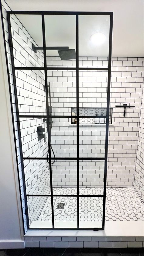 Modern farmhouse bathroom renovation with a white subway tile walk in shower. Small Bathroom Remodel Stand Up Shower Walk In, Walk In Shower White Subway Tile, Walkin Shower Small Bathroom, Showers For Two, Affordable Walk In Shower Ideas, Bathroom And Shower Tile Ideas, Walk In Shower With Accent Wall, Modern Farmhouse Bathroom Shower Tile, Shower Ceiling Tile Ideas