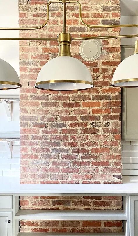 Kitchen With Exposed Brick Chimney, Exposed Brick Chimney In Kitchen, Brick Chimney In Kitchen, Kitchen Exposed Brick, Exposed Brick Fireplaces, Brick Fireplace Wall, Purple Front Doors, Historic Kitchen, Kitchen Chimney