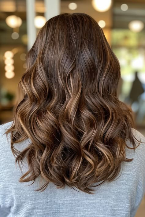 Different Haircuts For Wavy Hair, Curled Hair Styles For Weddings, Mid Hair Waves, Brown Curled Hairstyles, Balayage Hair Brunette Medium Length, Highlights Brown Hair Mid Length, Soft Waves Mid Length Hair, Wedding Hair Down Mid Length, Curls On Mid Length Hair