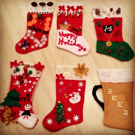 Stocking contest against friends! Fun activity to do during the holidays! Please comment below and cast your vote for your favorite one! Stocking Themes For Adults, Christmas Stocking Contest Ideas, Decorated Stocking Ideas, How To Decorate Stockings For Christmas, Stocking Decorating Ideas Contest, Stocking Contest Ideas, Decorate Stockings Christmas Diy, Decorate Stockings Christmas, Stocking Decorating Contest