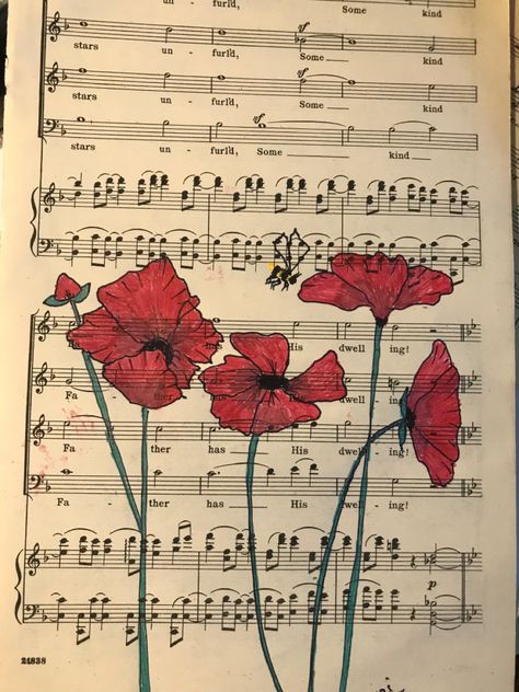 Flowers on music paper for journaling. PDF available. Art On Sheet Music, Painting On Music Sheets, Painting On Sheet Music, Music Journal Aesthetic, Isabella Aesthetic, Poppy Aesthetic, Sheet Music Artwork, Hymnal Crafts, Wildflower Decor