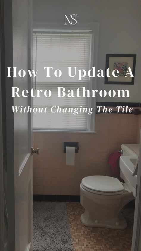 4 ways I'd give a retro 20's pink tile bathroom a makeover without removing the original character. Wallpaper that looks good with pink and peach tile. No demo, budget friendly bathroom remodel ideas. | Nadine Stay #bathroommakeover #bathroomremodel #retrobathroom #pinktile Pink And Black Tile Bathroom Ideas, Updating Pink Tile Bathroom, Retro Pink Tile Bathroom Ideas, Pink Brown Bathroom Ideas, Update Pink Tile Bathroom, Retro Bathroom Update, Retro Pink And Black Bathroom, Pink Tiled Bathroom Ideas, Peach Tile Bathroom Color Schemes