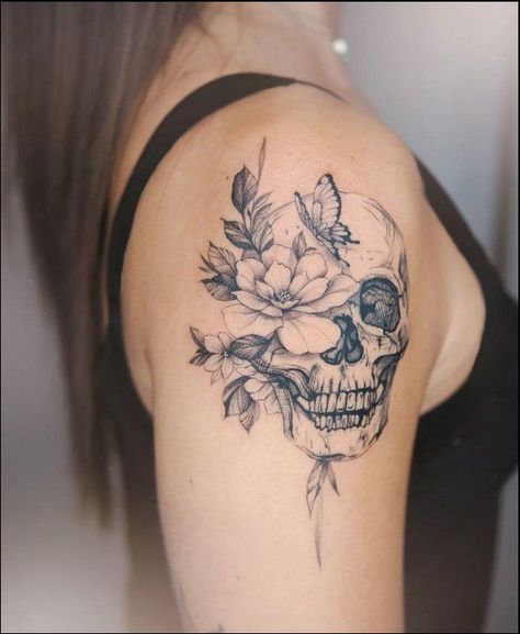 Women Shoulder Tattoo Ideas Unique No Flowers, Girly Skull Tattoos For Women, Skull Tattoo Design Women, Negative Shading Tattoo, Flower Skull Tattoo, Pretty Skull Tattoos, Floral Skull Tattoos, Girly Skull Tattoos, Skull Thigh Tattoos