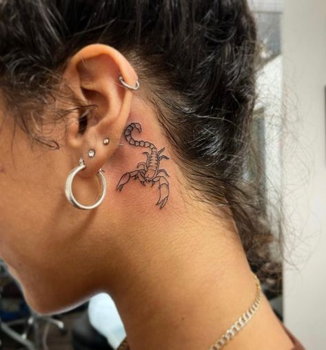 Behind the ear tattoos can range from dainty and pretty to fierce and intense. From words to images, check out this ink inspiration. Scorpion Tattoos, Behind The Ear Tattoos, Behind Ear Tattoos, Bauch Tattoos, Scorpio Tattoo, Ear Tattoos, Back Of Neck Tattoo, Scorpion Tattoo, 4 Tattoo