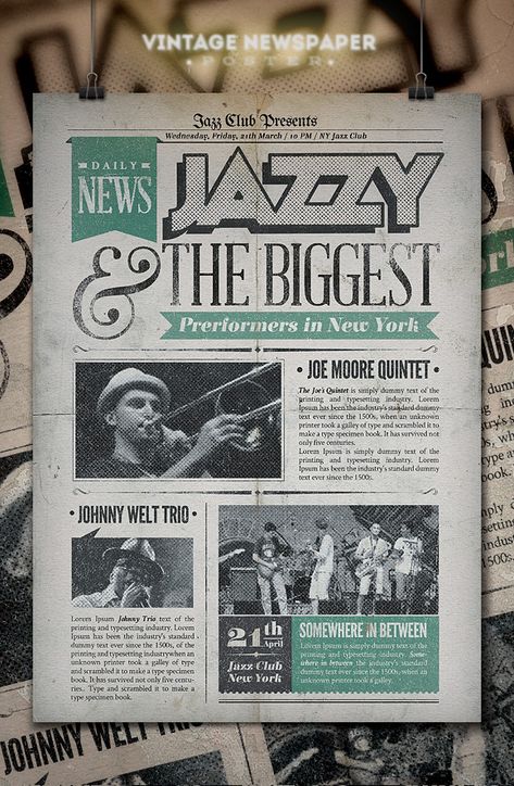 Check out Jazz | Vintage Newspaper Poster by PuneDesign on Creative Market Newspaper Design Layout, Newspaper Poster, Newspaper Layout, Newspaper Template, Vintage Newspaper, Newspaper Design, Magazine Layout Design, Old Newspaper, Editorial Layout