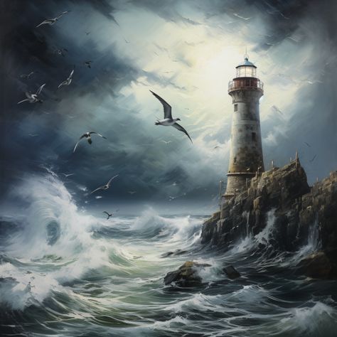 lighthouse, seagulls, stormy sea Boat On Stormy Sea, Stormy Sea Art, Lighthouse In Storm, Lighthouse In A Storm, Storm Lighthouse, Stormy Lighthouse, Lighthouse Paintings, Lighthouse At Night, Lighthouse Storm