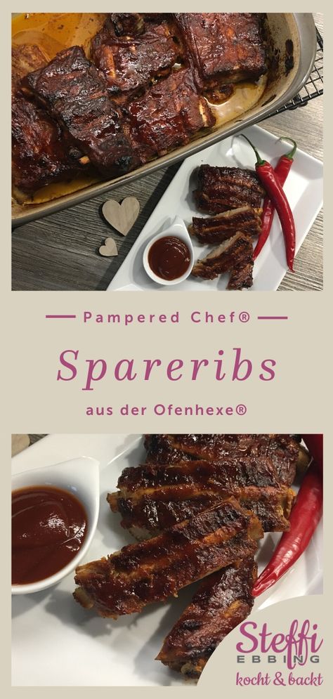 Saftige Spareribs aus dem Grundset von Pampered Chef. Dies besteht aus der Ofenhexe und Zauberstein von Pampered Chef. Extra zart und lecker #schmorgericht #pamperedchef #fleisch Steffi Ebbing Pampered Chef, Baby Back Ribs, Spare Ribs, Pampered Chef, Meat Jerky, Steak, Food And Drink, Chef, Meat